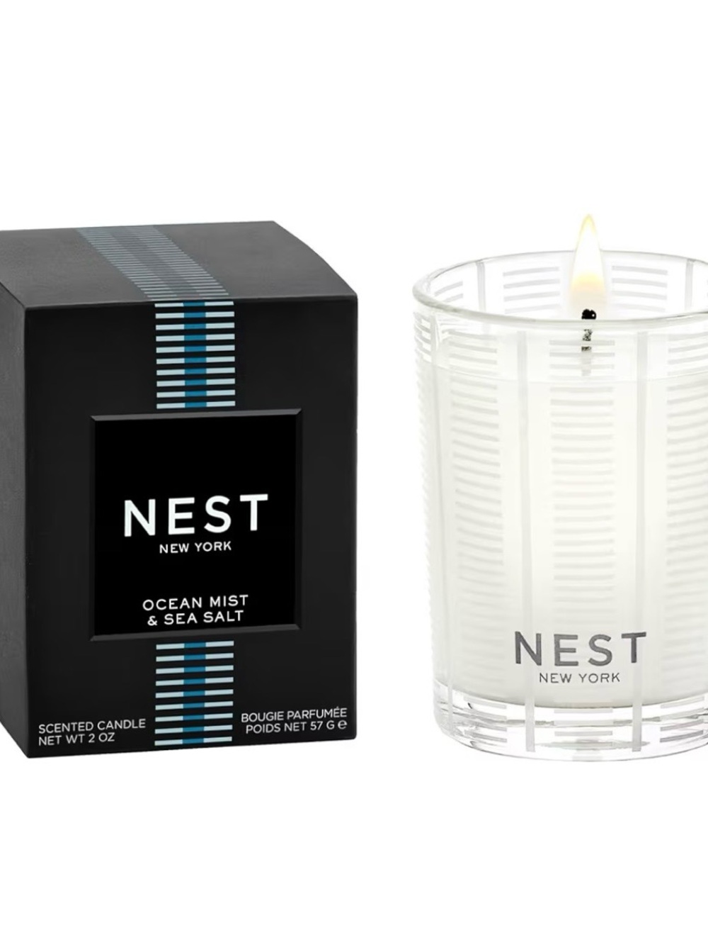 NEST Fragrances Ocean Mist & Sea Salt Candle — Black Box with White Glass